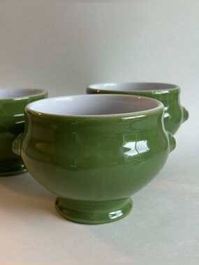 Emile Henry France Lions Head Green Ceramic Soup Bowls Set of 3